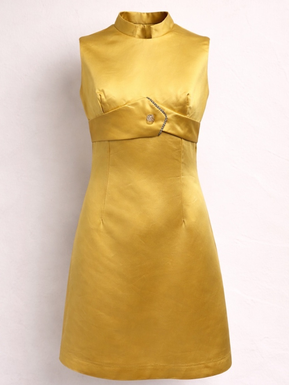 Vintage Yellow Satin Mini Dress Handmade Mod A-Line Small